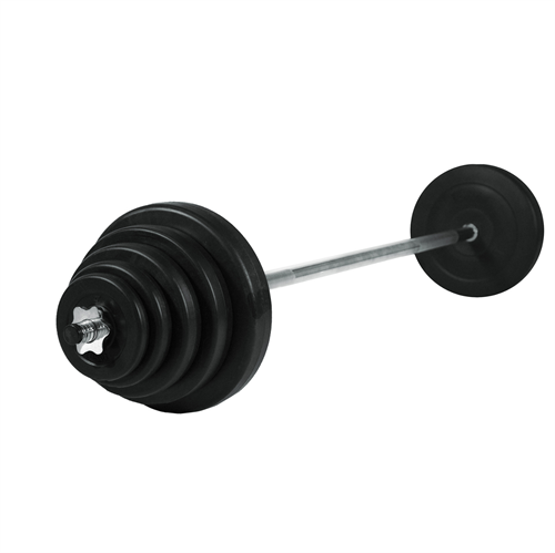 Dette er et Top Sport Vægtsæt 38,5 kg, vægtsættet er med sorte skiver og poleret metal stang
